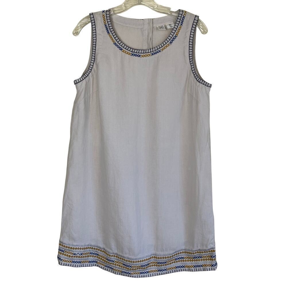 Artisan NY Linen Sleeveless Shift Style Mini Dress Folk Art Embroidered Trims